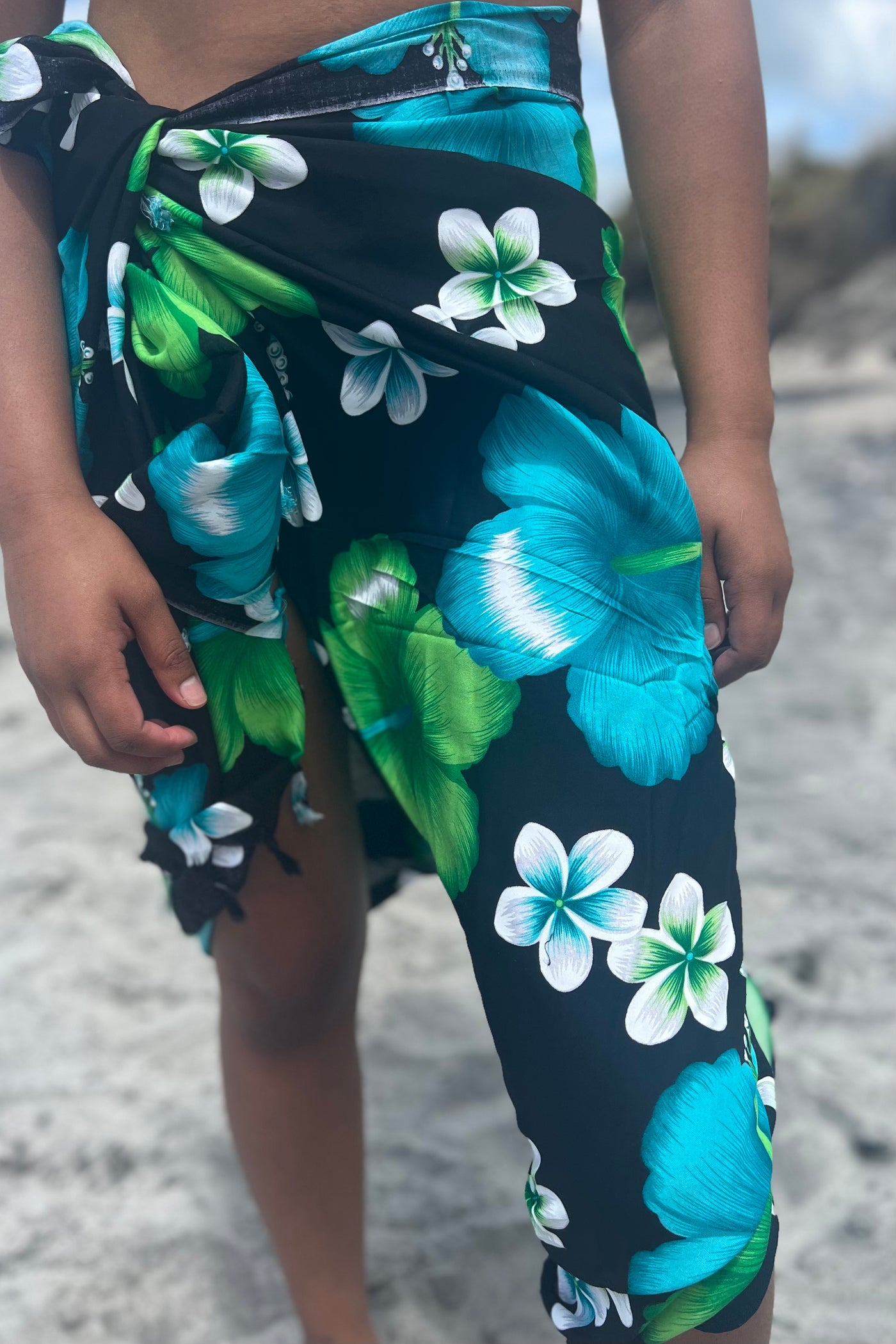 Black Frangipani Hibiscus Sarong